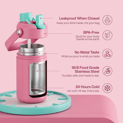 Kids Insualated Water Bottle with Straw - 12oz Stainless Steel Water Bottle with Dual Spouts, Leak-Proof, BPA-Free, Double Wall Vacuum Keeps Cold for 24 Hours for Sports, Travel, School (Tulip)