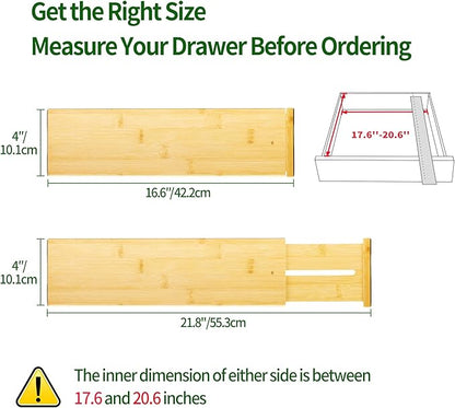 VaeFae 3 Pack Bamboo Drawer Dividers, 4" High Adjustable 16.6" - 21.8" Clothes Drawer Organizers, Expandable Separators for Bedroom/Bathroom/Kitchen/Office Storage