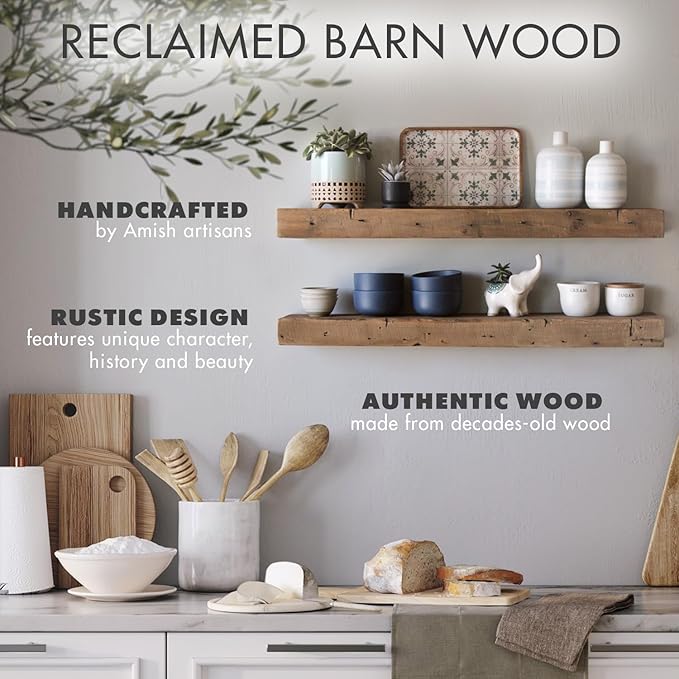 Urban Legacy Reclaimed Barnwood Planks | Floating Shelves for Wall w/Flush Mount Shelf Bracket Set Included | Set of 2 (Natural, 36"x 4.5"x 2")