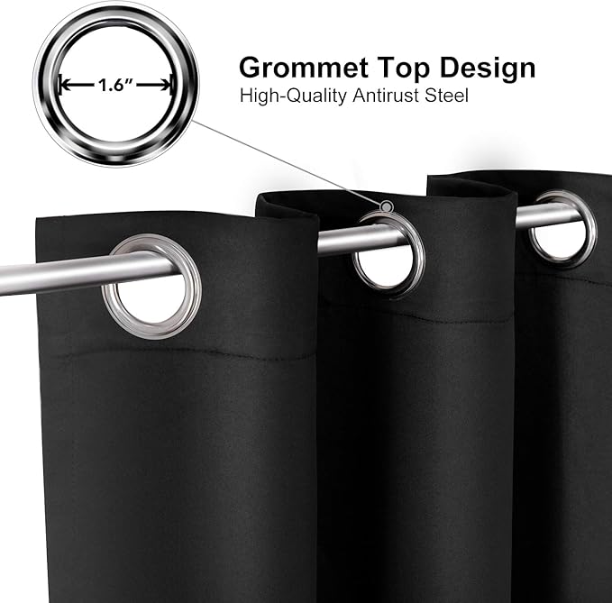 ChrisDowa Grommet Blackout Curtains for Bedroom and Living Room - 2 Panels Set Thermal Insulated Room Darkening Curtains (Black, 52 x 54 Inch)