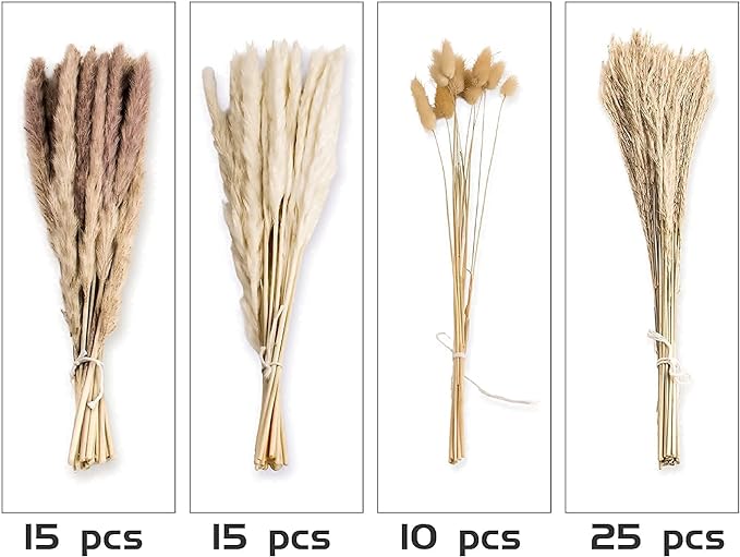 65PCS Pampas Grass Decor, Including pompas Floral, Reed Dried Grass and Bunny Tails Dried Flowers, Natural Dried Pampas Grass Bouquet for Boho Decor Wedding, Home Decoration