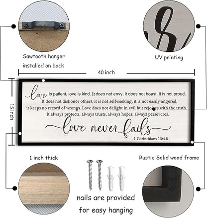 flowtorely Love is Patient, Kind Wall Art Decor 40"X15" Love Never Fails Sign 1 Corinthians 13 Bedroom Above Bed Large Bible Verse Quote Scripture Christianity Hanging Sign (Black)