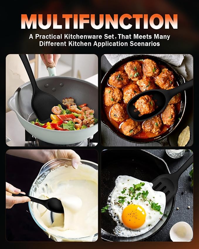 Silicone Cooking Utensils Set, Perfectly Angled for Frying, Mixing,Serving,Draining,Turning and Stirring, BPA-Free Matte Silicone, Wood Handles, Safe for Nonstick Cooking Surfaces,4 Pack (Black)
