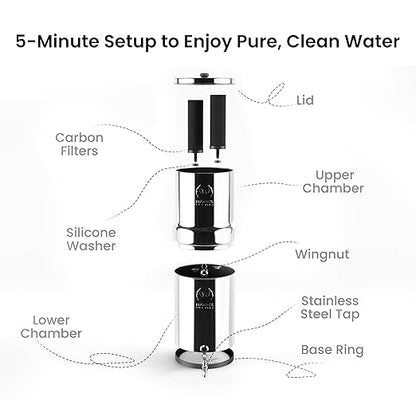 Gravity Water Filter System - 3.25 Gallons - NSF Certified - AISI 304 Stainless Steel Countertop Water Filter System with 2 Smart (Black) Carbon Filter Elements & Free Stainless Steel Water Spigot