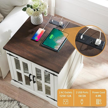 Farmhouse End Table with Charging Station,24" Large Sofa Side Table with Glass Barn Door, Rustic Wood Nightstand Bedside Table with Adjustable Storage Shelf for Living Room, Bedroom,White