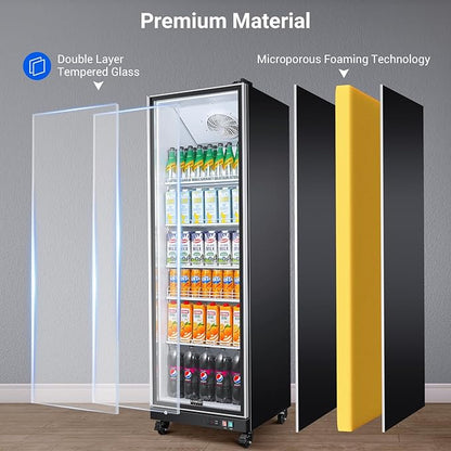BODEGACOOLER Commercial Beverage Refrigerator Glass Door,18.1 Cu.Ft Commercial Display Merchandiser Fridge,Upright Display Bar Cooler with Soft LED Light,Adjustable Shelves,Aluminum Door,Black