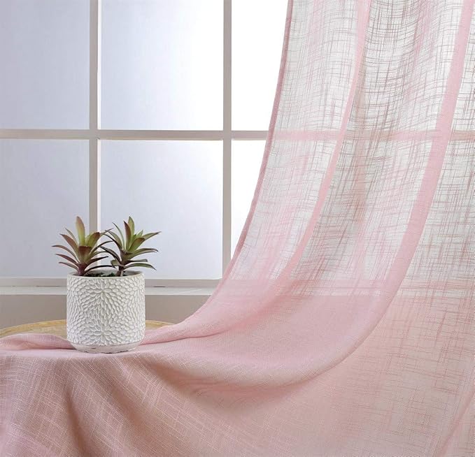 MIUCO Semi Sheer Curtains Poly Linen Textured Solid Grommet Curtains 95 Inches Long for Bedroom 2 Panels (2 x 37 Wide x 95" Long) Pink