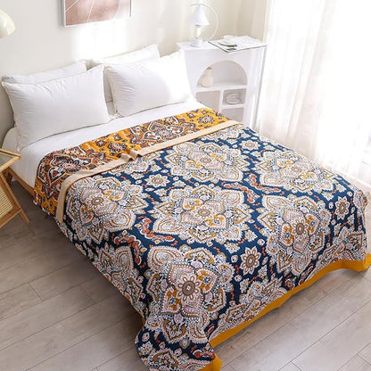 Boho Muslin Blanket for Adults 4-Layer Gauze 80 x 90 Inches Soft Cozy 100% Cotton Summer Cooling Blanket Floral Decor for Sofa Bed Coverlet Both Sides (A Boho Spiral Flower, 80 x 90 in)