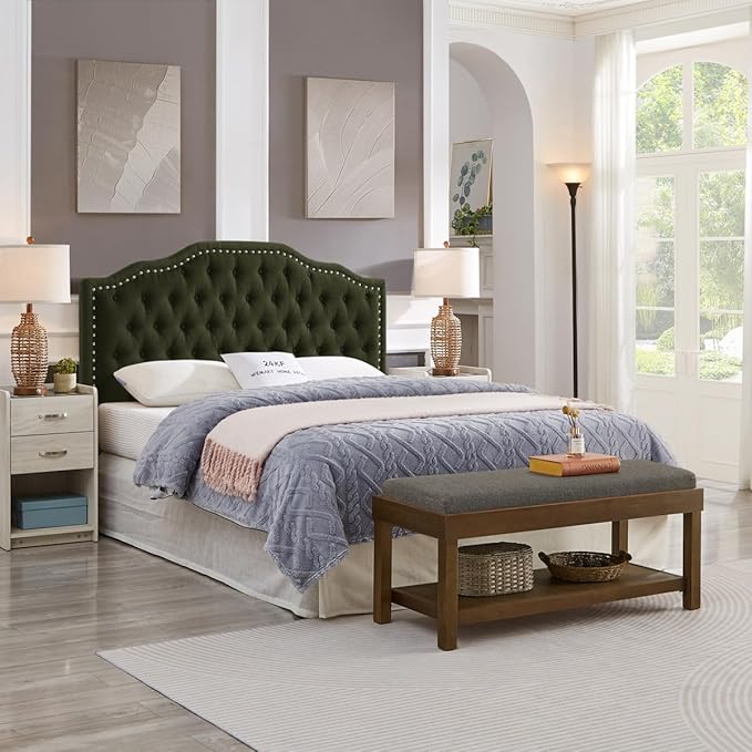 24KF Upholstered Button Tufted Queen Headboard with Nailhead Trim, Elegant Boucle Fabric Full headboard, 6031-Q-Boucle-Dark Green