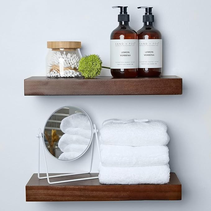 Homeforia Walnut Floating Bathroom Shelves, High End Solid Real Wood 16 inch Small Floating Shelf for Wall Mounted, Dark Brown 16inch Floating Shelves, Heavy Duty Bracket, 16 X 6.5 X 1.75 in, Set of 3
