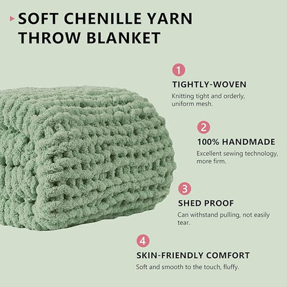 L'AGRATY Chunky Knit Blanket Throw: 80''x90'' Chenille Chunky Knitted Throw Blanket for Bed Couch - Handmade Thick Big Cable Knit Blanket - Large Chunky Crochet Blanket for Home Decor(Sage Green)