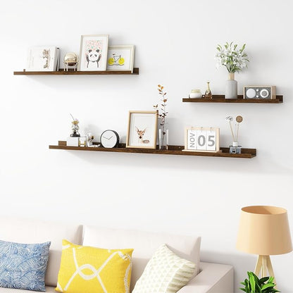 Picture Ledge Shelf, Wood Floating Shelves Set of 4, 24 inch Picture Ledge Shelves, Photo Ledge Nursery Book Shelves Wall Mounted for Living Room Kids' Room Bedroom, Color Walnut