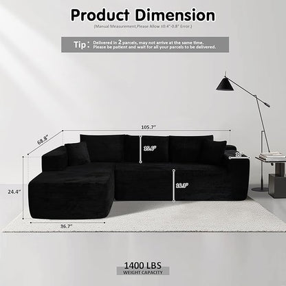 ovios 104" Cloud Sectional Couch with L-Shape Chaise,Modern Modular Sofa with Deep Seat, Upholstered Couches for Living Room Bedroom,No Assembly Required, Black (Corduroy Fabric)