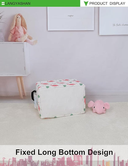 LANGYASHAN Rectangular Storage Bin Collapse Canvas Fabric Cartoon Storage Basket with Handles for Organizing Home Kitchen Boys and Girls Toys Office Closet Shelf Baskets(Rec Leaf Flamingo)