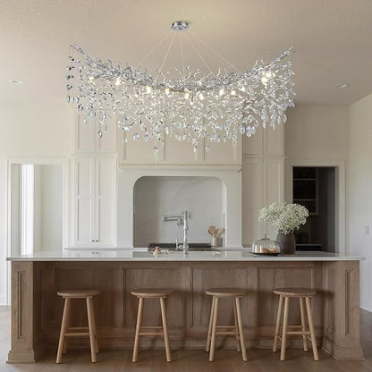 Modern Crystal Silver Chandelier, 55" Large Rectangular Oval Tree Branch Crystal Chandeliers for Dining Room,16-Light Flush Mount K9 Crystal Chandeliers, for Kitchen Island,Dining Room