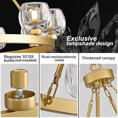 Gold Wagon Wheel Chandelier, 59 Inch Brass Chandeliers with Unique Glass Shade, 15-Light Crystal Large Wagon Wheel Chandeliers for Dining Room, High Ceiling Round Chandelier for Living Room, Foyer