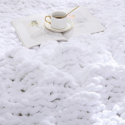 WESHIONGOO Chunky Knit Blanket Throw Knitted Throw Blankets for Couch Bed Fluffy Soft Blanket with Jumbo Chenille Yarn Thick 100% Handmade (White, 50"×60")