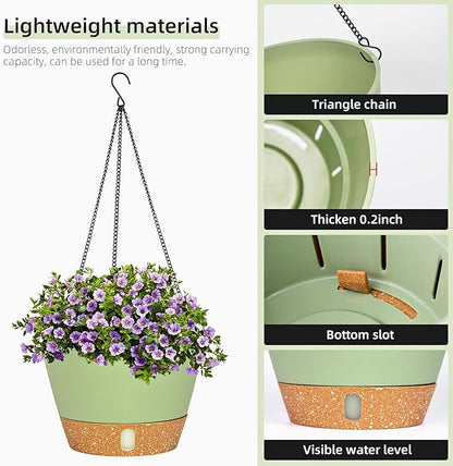 QCQHDU 2 Pack Hanging Planters for Indoor Outdoor Plants, 10 Inch Hanging Baskets Flower Pots with Reservoir Tray & Visible Water-Level