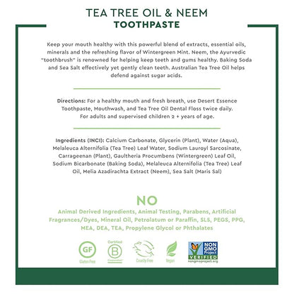 Desert Essence Tea Tree Oil & Neem Toothpaste - Fluoride-Free, Gluten-Free, SLS Free Formula - Vegan, Herbal Toothpaste for Plaque Reduction - Wintergreen Flavor, 6.25 oz