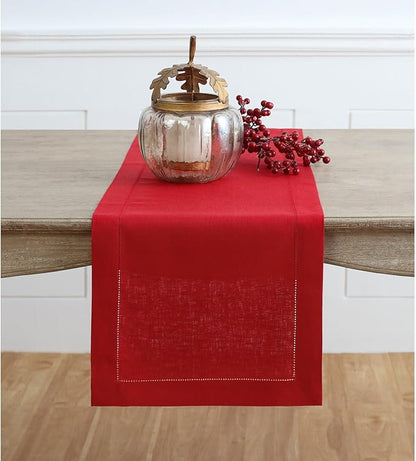 Solino Home Linen Red Table Runner 108 Inches Long - 100% Pure Linen 14 x 108 Inch Table Runner - Classic Hemstitch