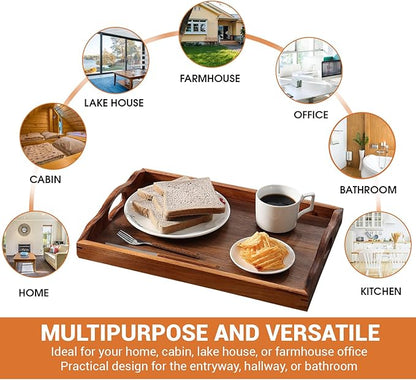 Nature Walnut Wooden Serving Tray with Handles, Solid Wood Food Tray for Coffee, Breakfast, Dinner, Ottoman,16.6x11.8x2.4 inches
