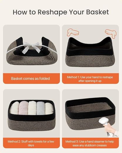 KALLAX Small Woven Basket, 13.5 x 9.5 x 5 Inches, Storage Basket for Organizing, Cute Small Rope Shelf Closet Cube Storage Bins Baskets for Shelves, Dog Toy Gift Baskets Empty, 3 Pack Black & Brown