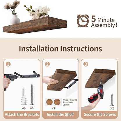 LaVie Home Floating Shelves, 36 Inch Wall Shelf Set of 2, Hanging Shelf with Invisible Brackets, Wall Decor for Bathroom, Bedroom, Living Room, Kitchen Storage, Rustic Brown