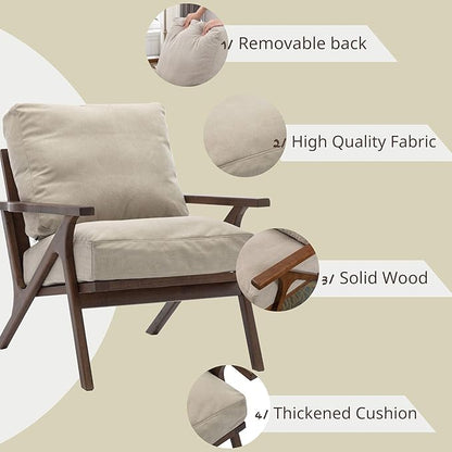 Wahson Mid Century Armchair, Accent Armchair, with Wood Frame and Canvas Cushions, Leisure Slipper Chair for Living Room/Bedroom, Beige