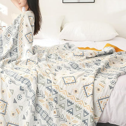 Boho Muslin Blanket for Adults 4-Layer Gauze 80 x 90 Inches Soft Cozy 100% Cotton Cooling Blanket Geometric Farmhouse Decor for Sofa Bed Coverlet Both Sides (Boho-G-Yellow, 80 x 90 in)