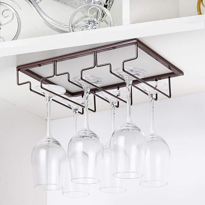Wine Glass Rack - Under Cabinet Stemware Wine Glass Holder Glasses Storage Hanger Metal Organizer for Bar Kitchen Brown