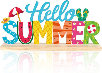 COCHIE Metal Hello Summer Sign, Summer Decorations for Home, Office, Shelf, Mantel, Indoor, Beach Slippers Tabletop Centerpiece Decoration, Watermelon Red Decor (Beach)