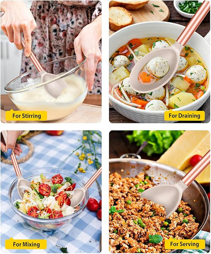 Pack of 2 Large Silicone Cooking Spoons,Non Stick Solid Basting Spoon,Heat-Resistant Kitchen Utensils for Mixing,Serving,Draining,Stirring (ROSE GOLD KHAKI)