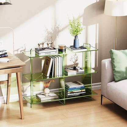 Acrylic Bookshelf, Small 3 Tier Open Bookcase for Small Spaces,Sofa Table, Hallway Entry Table for Home Living Room (Green, 39.4'' x 11.8'' x 31.5'')