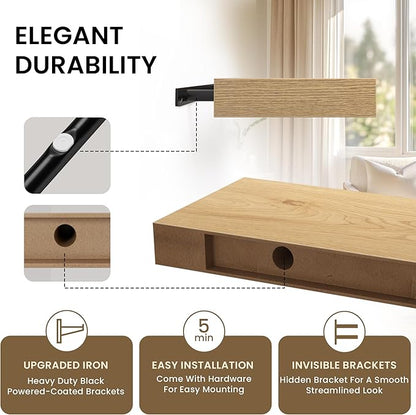 Floating Shelves for Wall, 55"W x 9.3"D x 1.5"H, Long Wooden Wall Mounted Display Shelves with Invisible Brackets for Living Room, Bedroom, Bathroom, Kitchen Decor and Storage, Set of 1, Oak