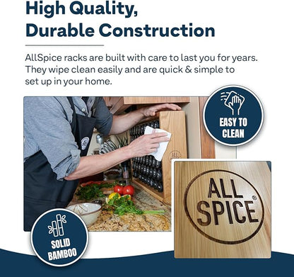 AllSpice Spice Rack Organizer, Wood, 525 Unique Labels, Countertop or Wall Mount, Includes 60 4oz Jars- Cherry Stain
