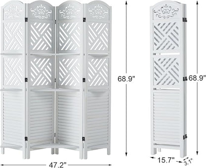 Room Divider with Shelves, 68.9inch Wood Carved and Louvered Wall Divider Freestanding, 4 Panels Folding Partition Screen for Bedroom Home Office (White)