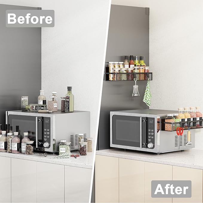 Magnetic Spice Rack for Refrigerator, 2 Pack Magnetic Shelf, Fridge Magnet Organizer with Moveable 4 Hooks, Magnetic Fridge Shelf for Kitchen Organization and Storage (2 Pack)