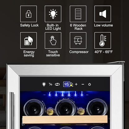 Tylza 15 Inch Wine Cooler Under Counter, 33 Bottle Built-in Wine Fridge with Stainless Steel Tempered Glass Door, Temp Memory Function, Freestanding Fast Cooling Wine refrigerator, Quiet Operation
