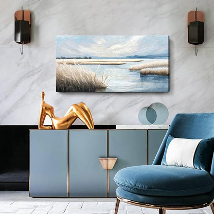 amatop Large Coastal Wall Art Abstract Landscape Beach Ocean Marsh Canvas Print Calming Soft Blue and Beige Wetland Picture Minimalist Neutral Nature Artwork for Bedroom Living Room Office 48x24