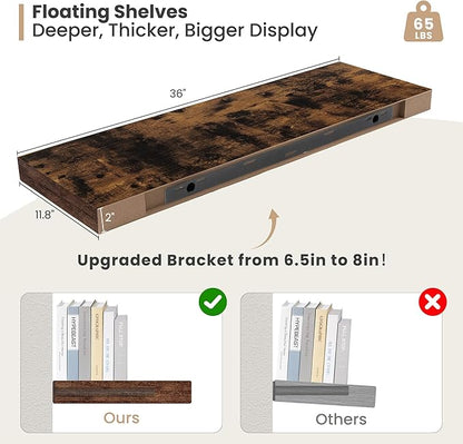 Heimlove 12" Deep Floating Shelves, 36 x 12 Inch Wall Mounted Long Floating Shelf with Invisible Brackets, for Home Decor, Bedroom, Kitchen, Living Room, Bathroom - 2 Pack, Rustic Brown