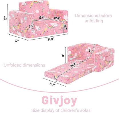 Toddler Chair Kids Couch, 2-in-1 Comfy Armchair with Removable and Washable Cover Carrying Handle, Convertible Reading Chair Toddler Couch for Girls and Boys, Pink Rainbow