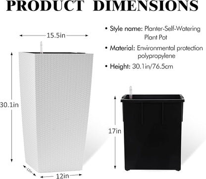 30in Tall Large Plant Pots Planter-Self-Watering Indoor/Outdoor Planting with Drain Holes, Water Level Monitor, Inner Bucket for Front Porch Patio, White Large
