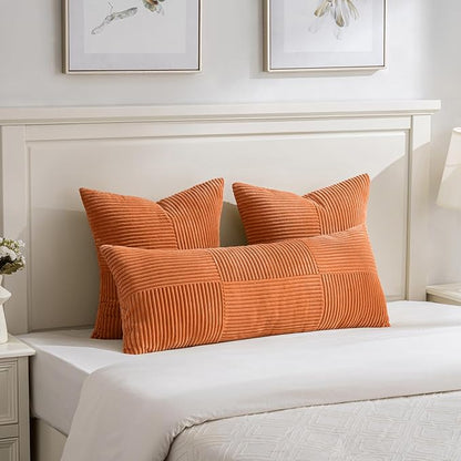 Fancy Homi Set of 2 Orange Boho Long Lumbar Body Decorative Throw Pillow Cover 14x36 Inch for Bed Couch Bedroom Bench, Soft Patchwork Corduroy Textured Pillow Case, Rustic Farmhouse Room Décor