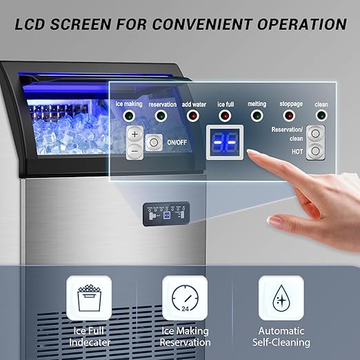 220LBS Commercial Ice Maker Machine - 72PCS Ice Cubes per Round, Undercounter/Freestanding Ice Machine, 55LBS Ice Storage Capacity for Home Bar and Outdoor, Stainless Steel Self-Cleaning