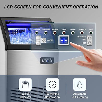 220LBS Commercial Ice Maker Machine - 72PCS Ice Cubes per Round, Undercounter/Freestanding Ice Machine, 55LBS Ice Storage Capacity for Home Bar and Outdoor, Stainless Steel Self-Cleaning