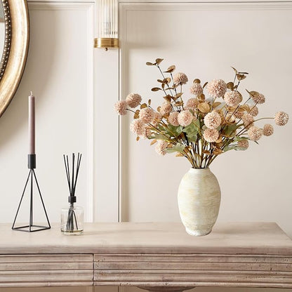 Beige Fake Flowers Silk 10 Stems With Eucalyptus, Faux Flowers For Vase, Artificial Mums Long Stem, Mini Faux Mums Flower Bulk, Tan Nude Cream Neutral Floral, Chrysanthemum Pom Pom Floral Arrangements