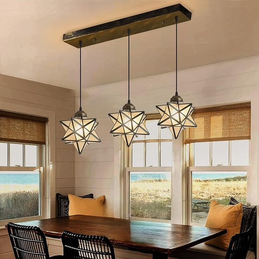 Farmhouse Frosted White Glass Chandelier 3 Lights Star Pendant Lights for Dining Table Kitchen Island Modern Ceiling Hanging Lights Included LED Warm Light Bulbs Oiled Bronze