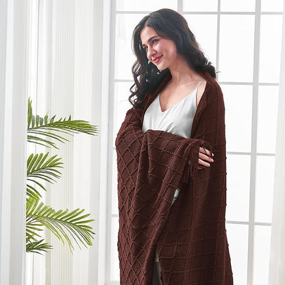 inhand Knitted Throw Blankets for Couch and Bed, Soft Cozy Knit Blanket with Tassel, Diamond Brown Lightweight Decorative Blankets and Throws, Farmhouse Warm Woven Blanket for Men and Women, 50"x60"