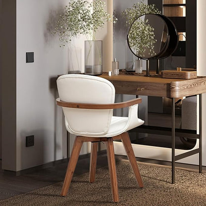 LUNLING Swivel Dining Room Chairs Set of 2,Mid Century Modern White Faux Leather Kitchen Chair with Arms,Bamboo Legs Side Chairs No Wheels,Accent Chair for Dining Rooms and Offices