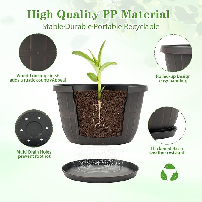 Quarut 16 Inch Brown Classic Plastic Whiskey Barrel Planters Set of 4 with Drainage Holes & Trays for Indoor & Outdoor Use